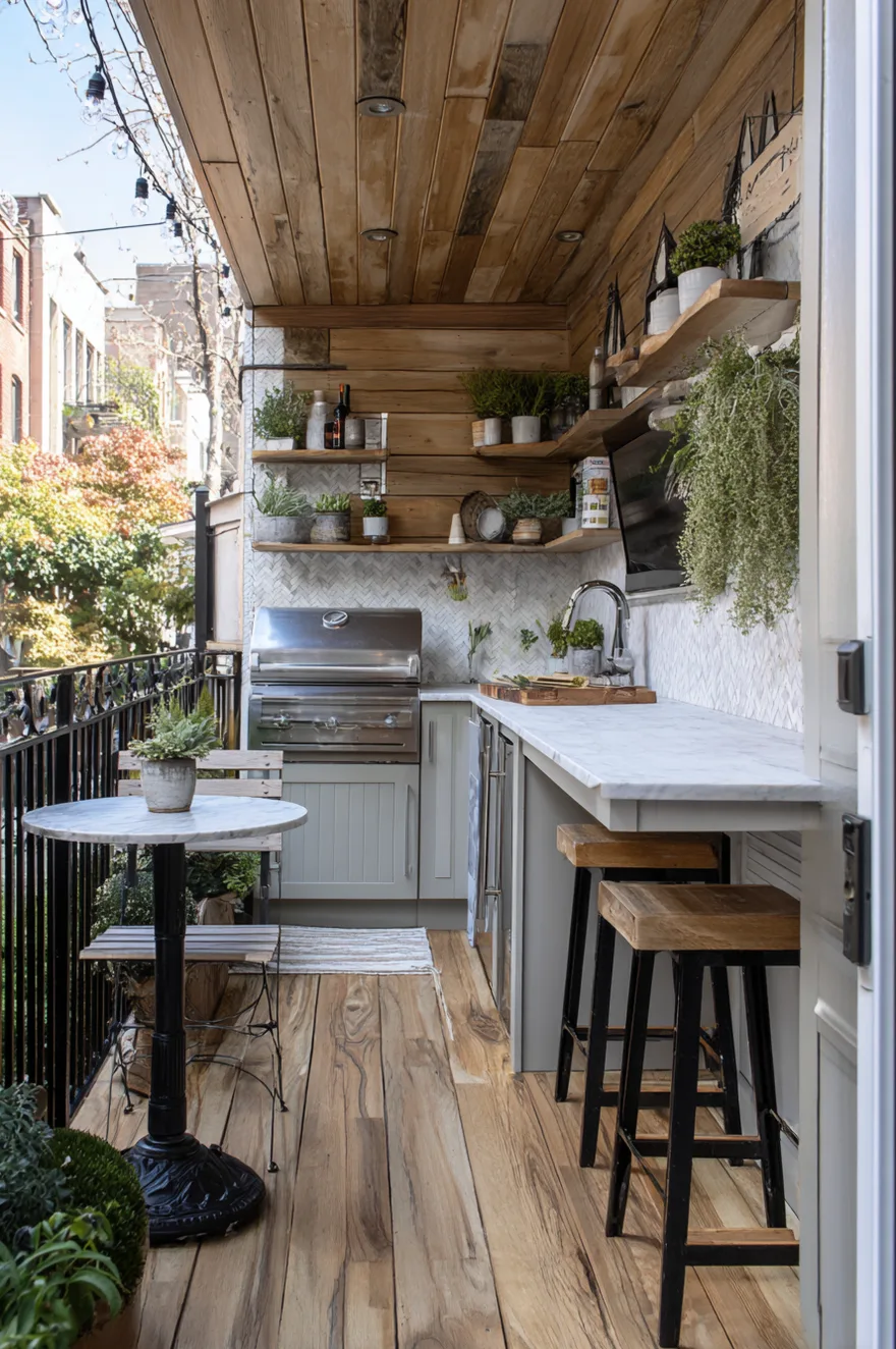 Small compact L-shaped outdoor kitchen with a dark base, light wood countertops, built-in grill, open shelving, and small backless bar stools tucked underneath on a patio.