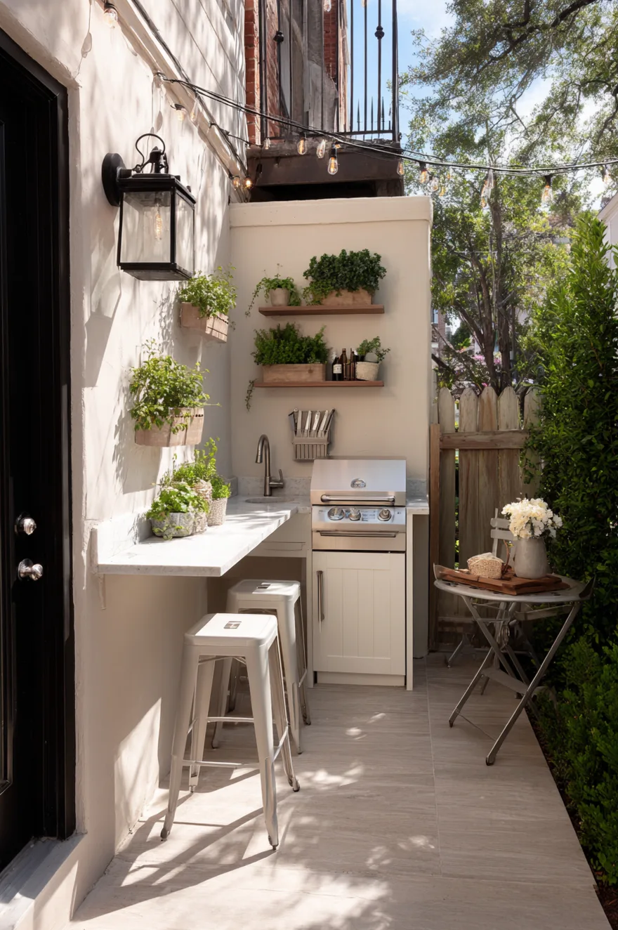 Linear compact outdoor kitchen set against a white wall with dark grey cabinets, wood countertops, stainless steel grill, black open shelving, and various cooking utensils hanging on hooks.