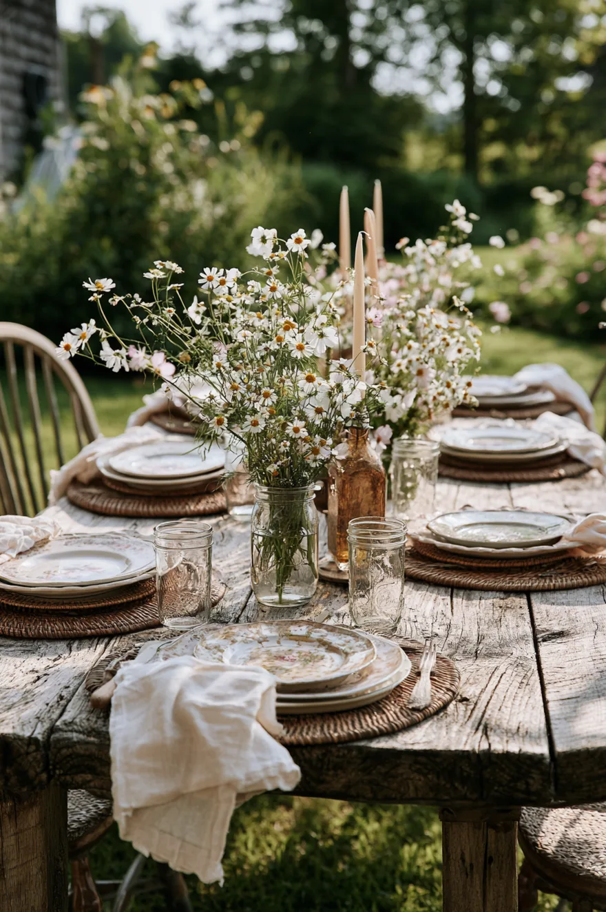 Several mason jars filled with daisies, Queen Anne’s lace, and cosmos scattered down a long wooden table with soft linen napkins.