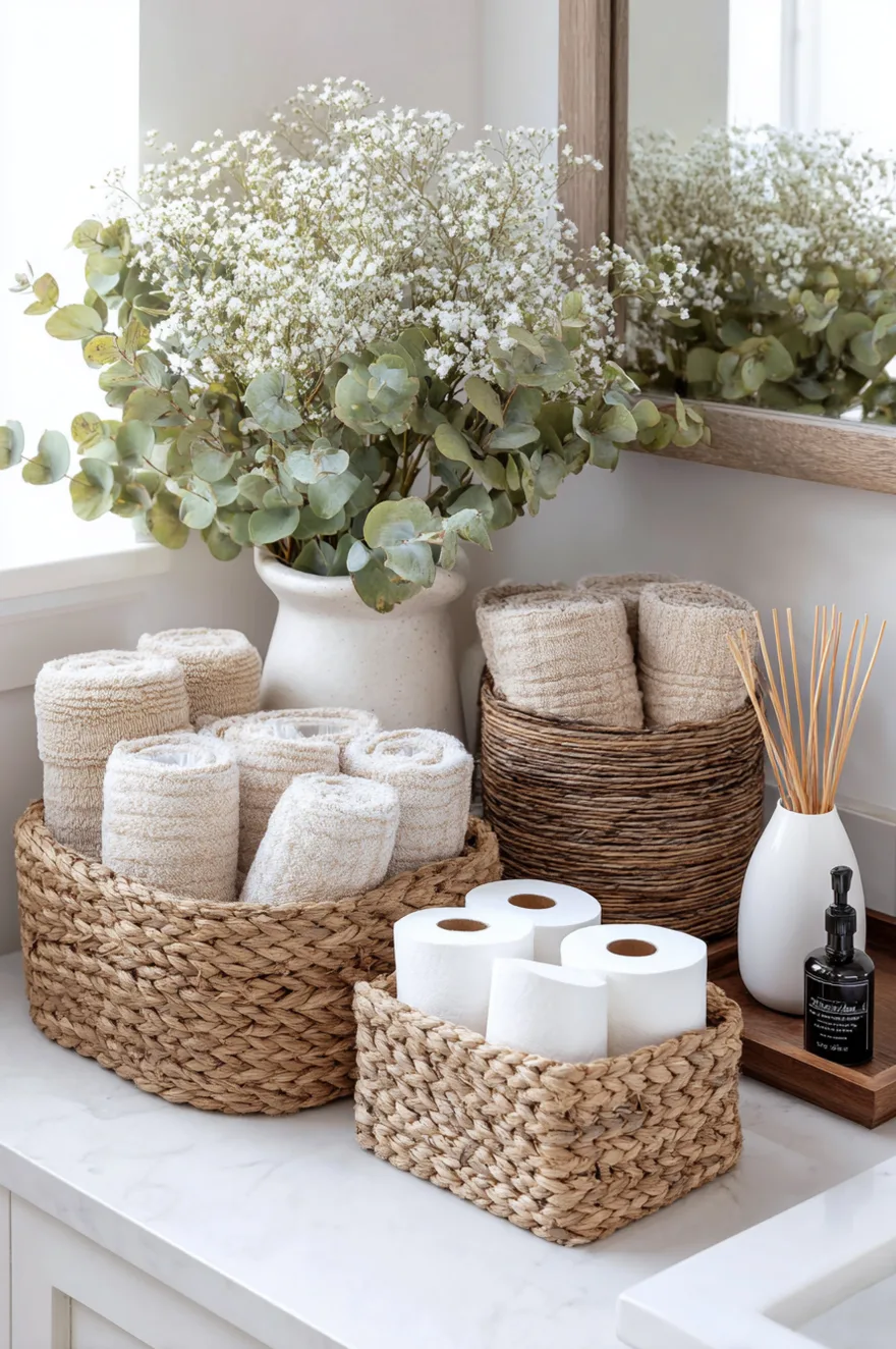 Woven seagrass baskets sitting on a white bathroom shelf, neatly organizing rolled white towels and extra toilet paper rolls.