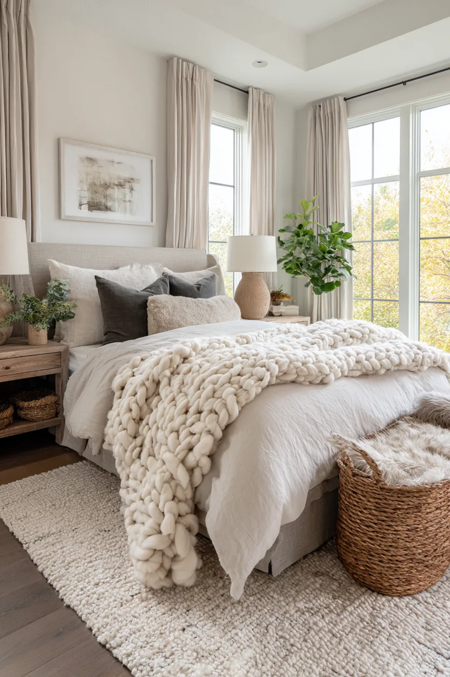 Bedroom idea master featuring layers of cozy textures including a chunky knit throw, linen duvet, and faux fur pillows.