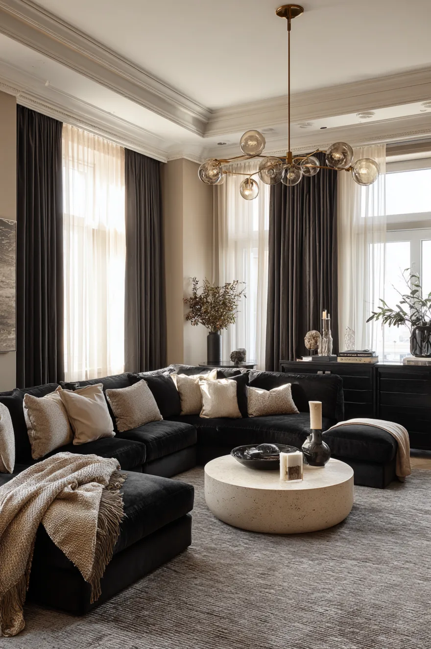 A bold black sofa softened with cream throw pillows and a beige chunky knit blanket, set against light beige living room walls.
