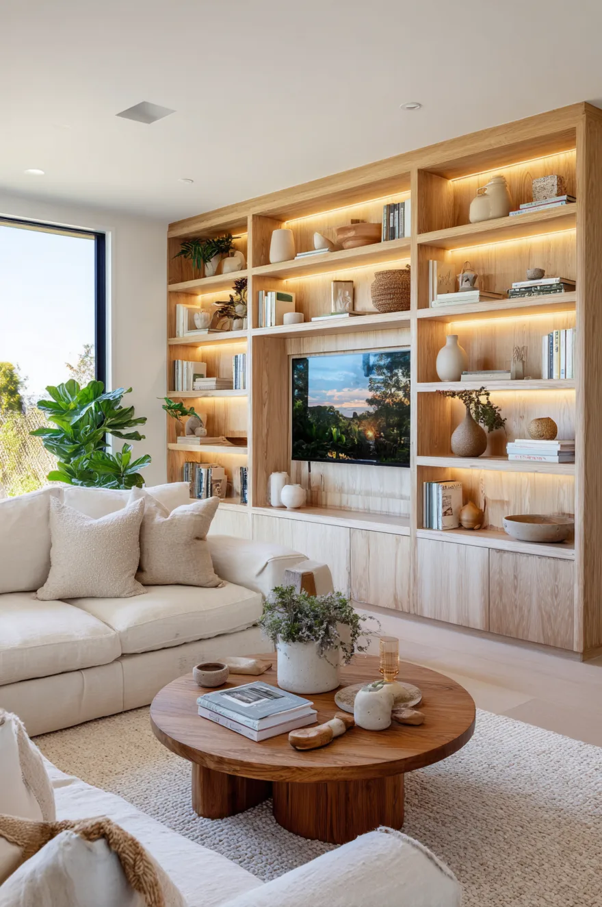 Warm LED lighting illuminates tall built-in wooden shelves displaying a curated minimal collection of ceramic vases, books, and small sculptural objects in a Japandi living room.