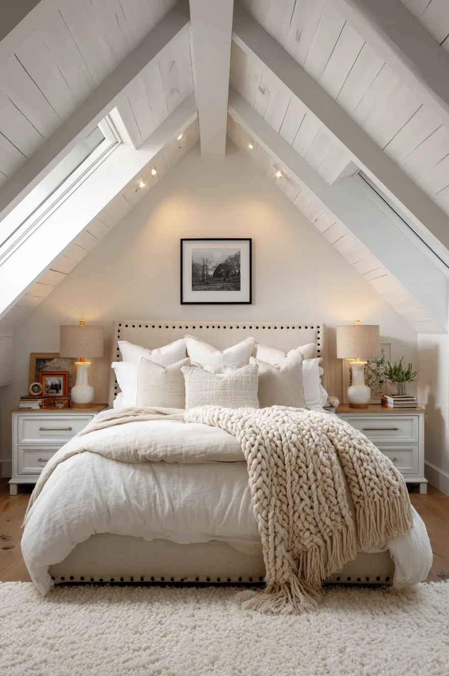 A symmetrical A-frame attic bedroom with the bed positioned directly under the peak of a white wood-paneled vaulted ceiling, flanked by two skylights.