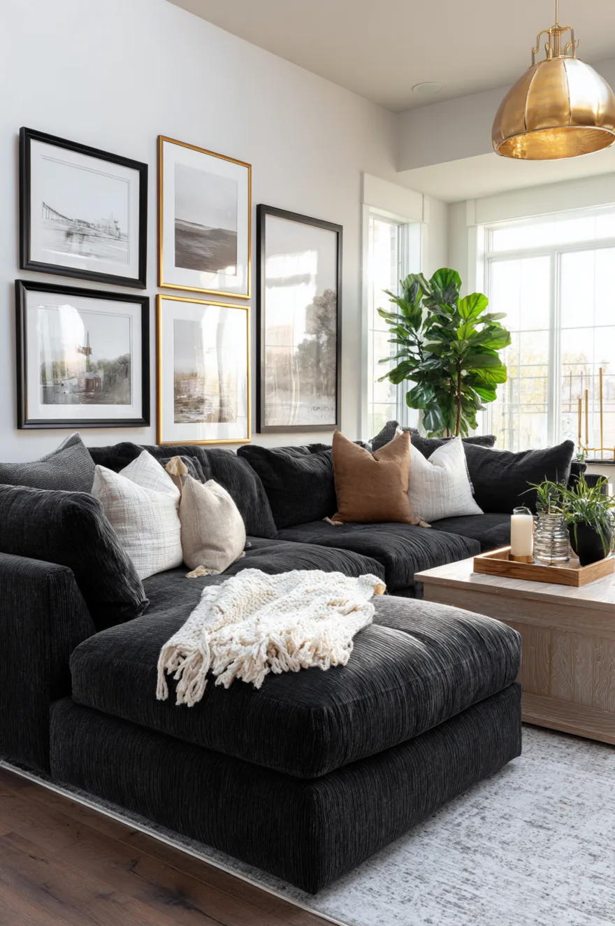 Charcoal grey textured sectional sofa styled with cream and tan pillows, a light knit blanket, a square light wood coffee table, and an oversized gold dome pendant light hanging above.