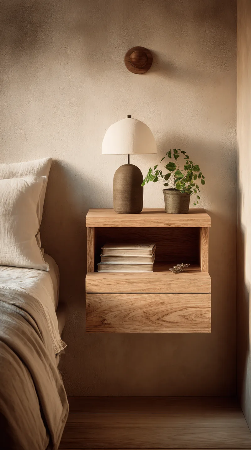 Wooden floating nightstand mounted on a beige wall next to a bed, holding a small lamp and plant.