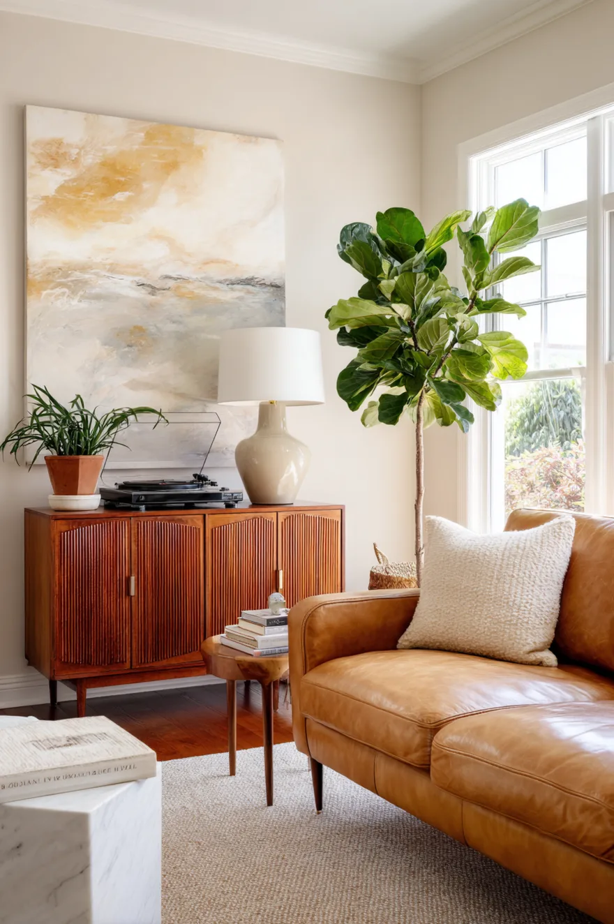 A gallery wall displaying a collection of framed geometric and abstract art prints in shades of terracotta, mustard, and navy, hung above a living room sofa.