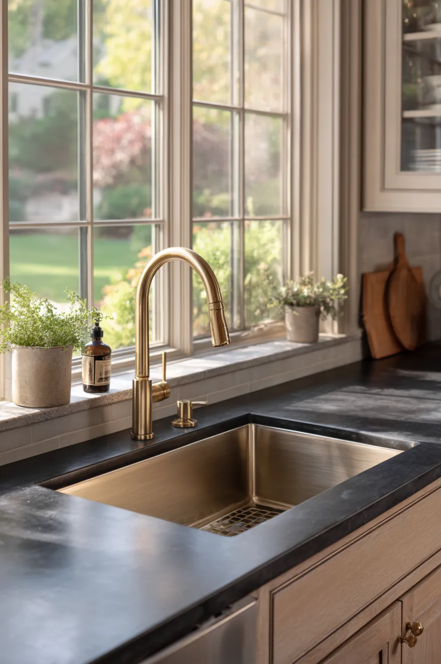 Stainless steel undermount sink with a brushed gold pull-down faucet, set into dark stone countertops next to a window with small potted plants.
