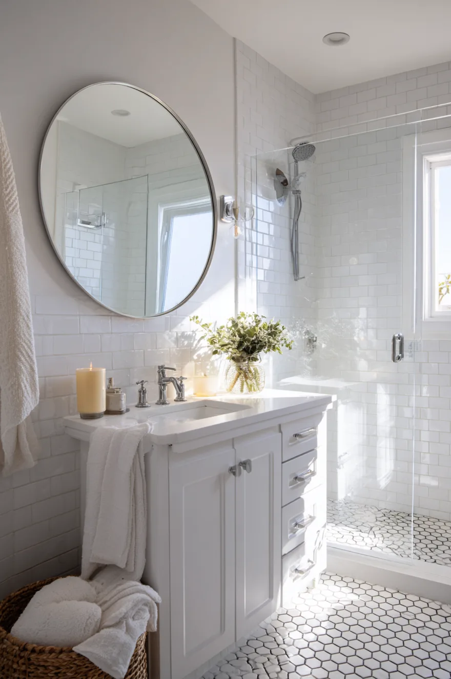 White hexagon mosaic floor tiles with dark grey grout in a bright bathroom with a white vanity cabinet, white subway tile walls, a large round silver mirror, and a seamless glass shower enclosure.