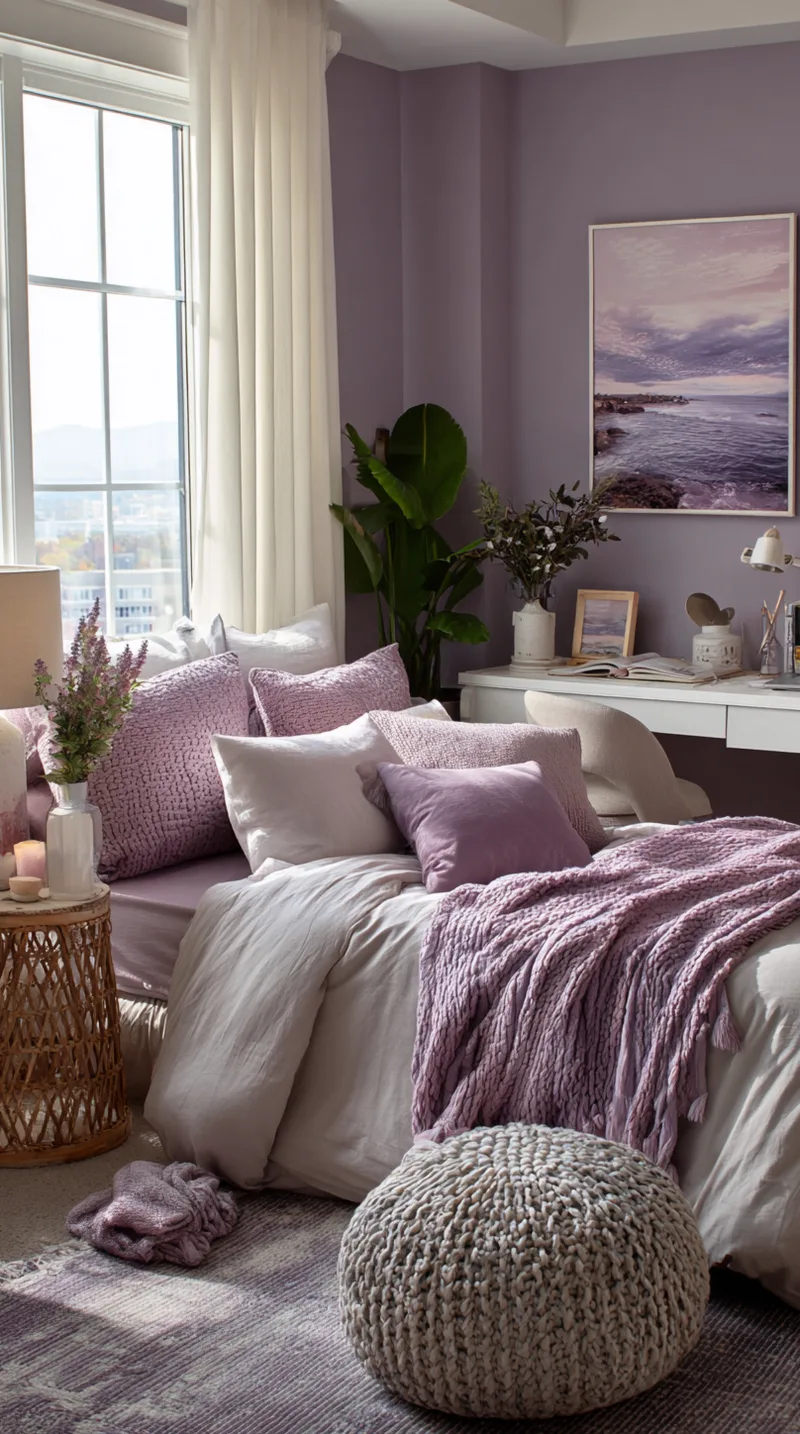 Sophisticated teen bedroom with dusty purple throw pillows, a lavender area rug, and cream walls.