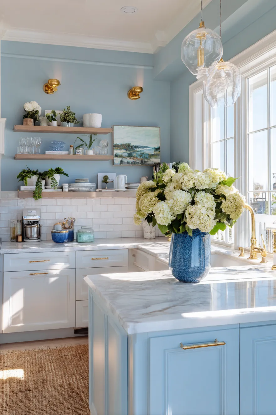 Coastal kitchen featuring soft dusty blue cabinets, white quartz countertops, and brass hardware.