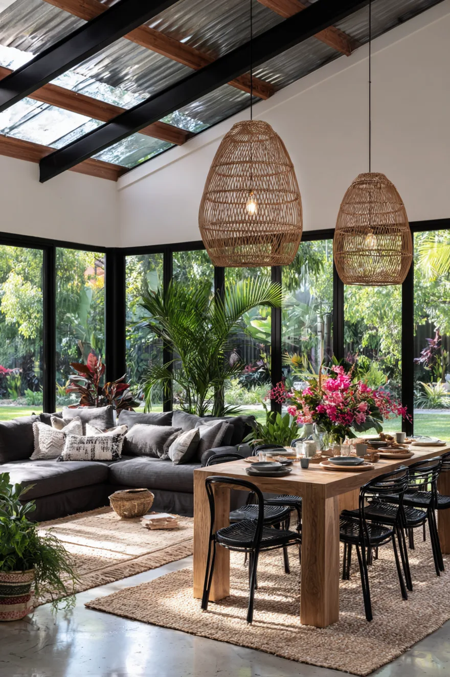 A glass enclosed room with a deep grey sectional sofa, a long wooden dining table surrounded by black chairs, and two large woven globe pendants hanging from a beamed ceiling.