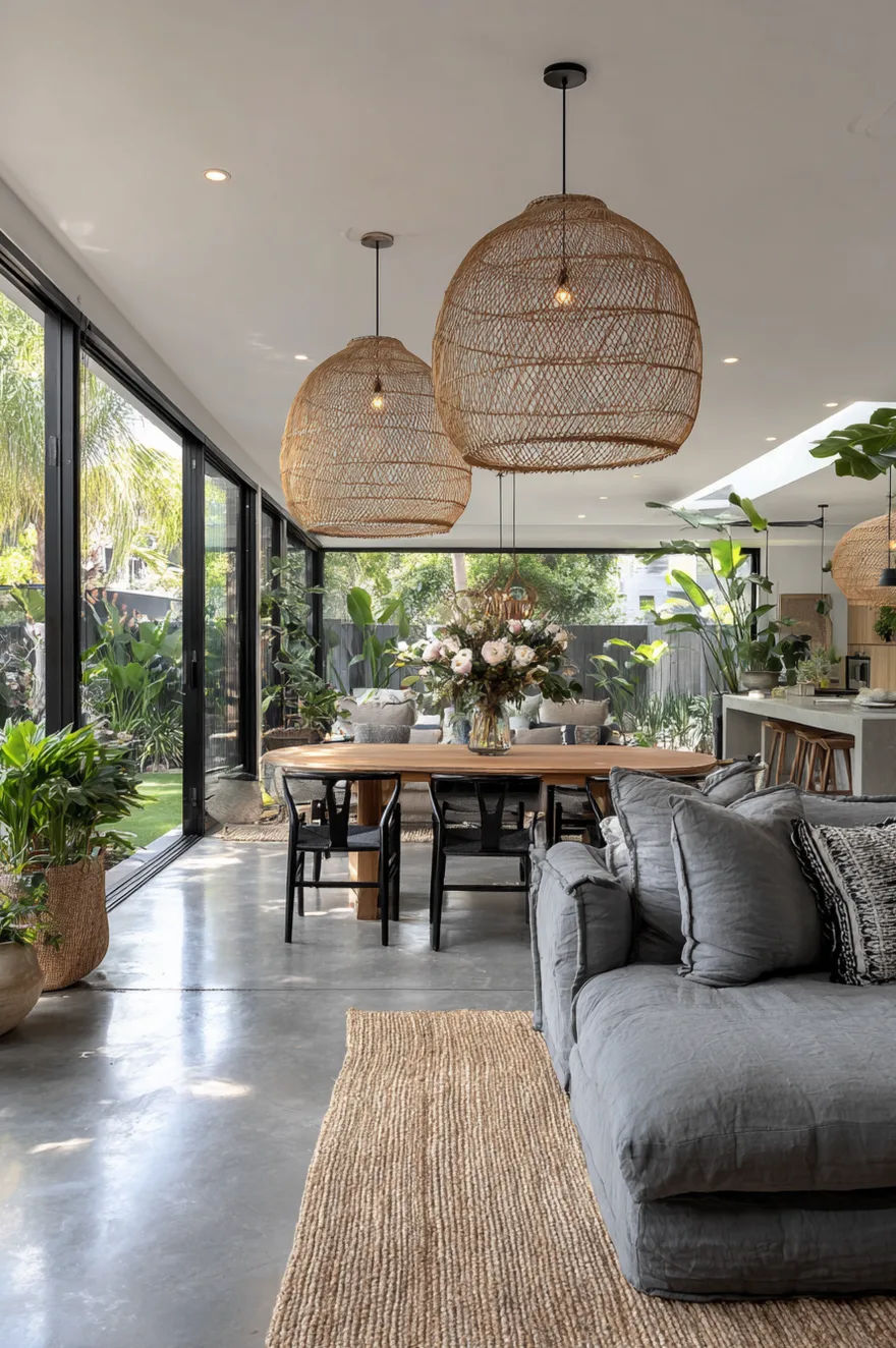 An open plan room with smooth concrete floors showcasing a plush dark grey sofa in the foreground and a long wooden dining table with black chairs under large woven globe pendants.