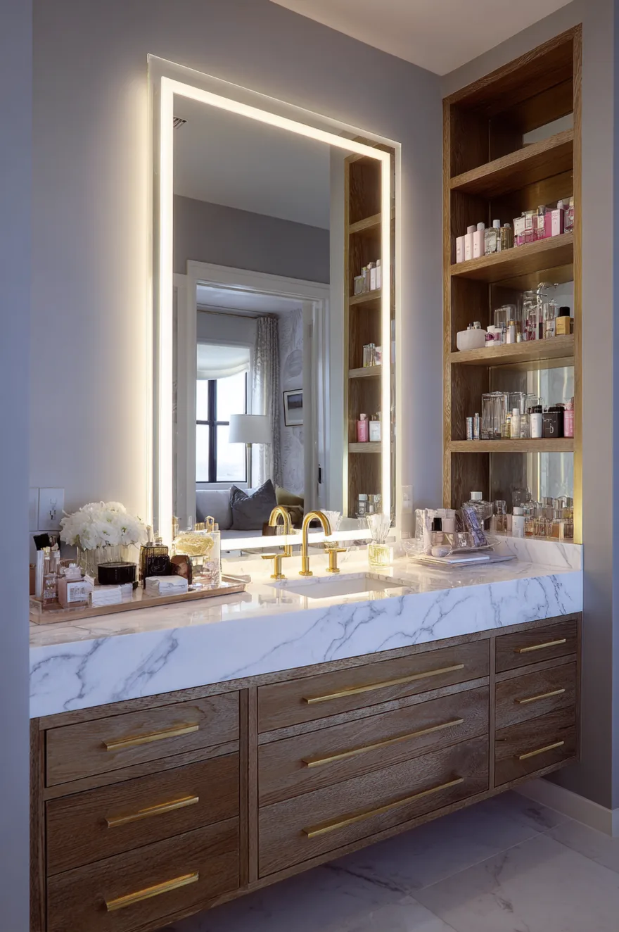 Wooden double vanity with a thick white marble countertop, a large rectangular backlit mirror, brass sink faucets, and tall built-in wood shelving displaying various cosmetic products.