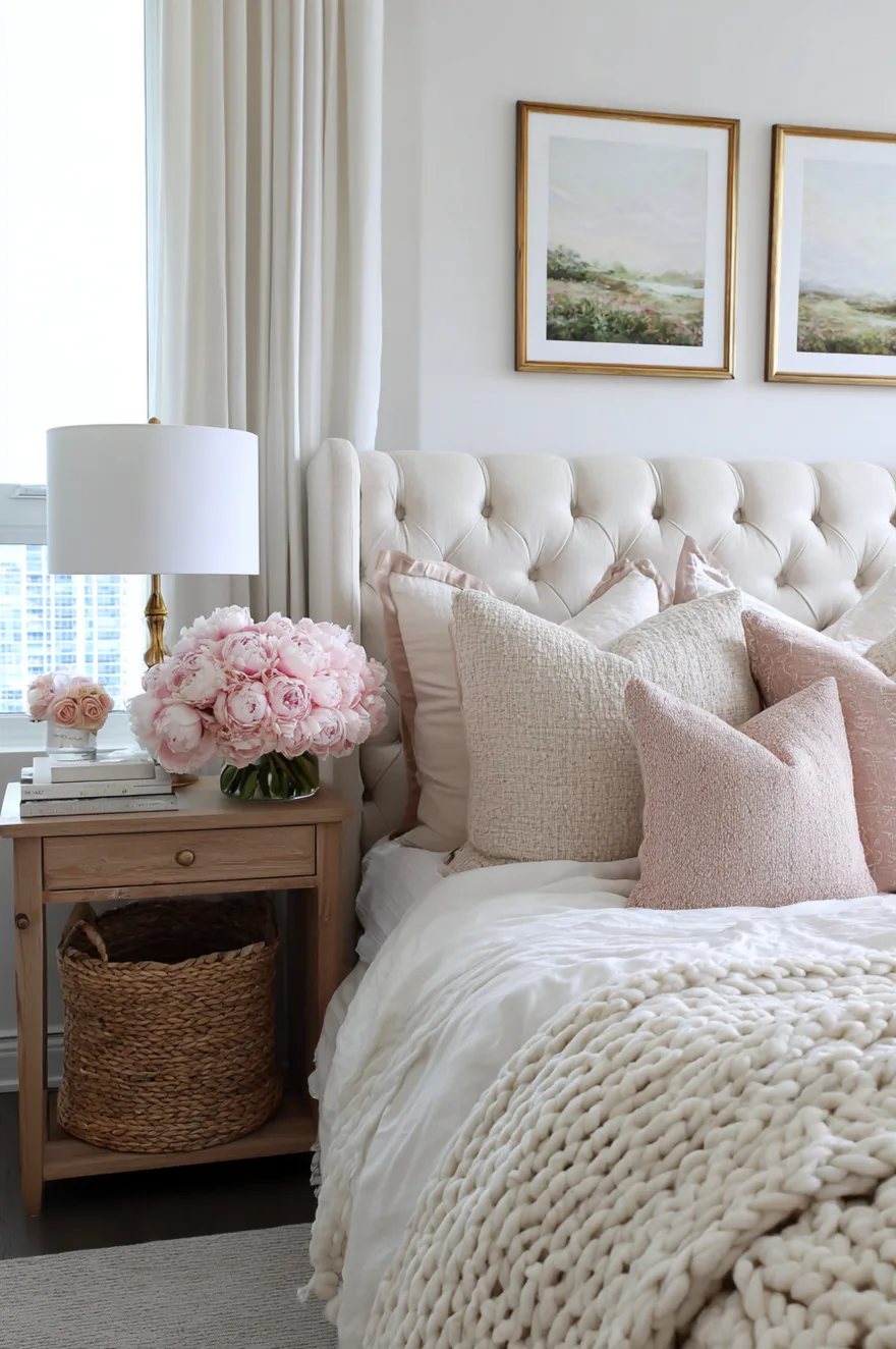 A romantic bedroom setup showing a white tufted bed styled with soft blush pink pillows, a chunky knit blanket, and a light wood nightstand displaying a large vase of pink peonies.