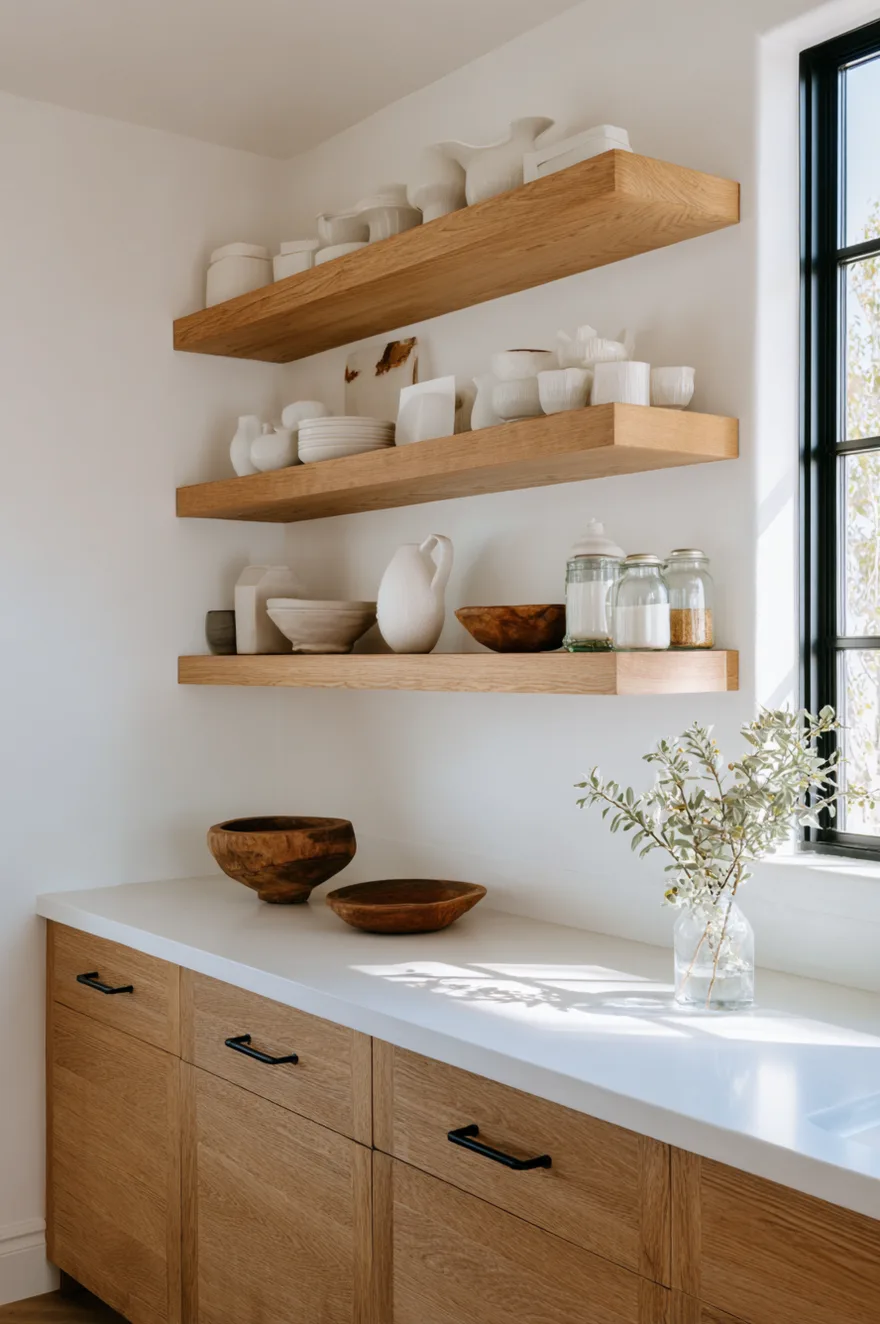 Thick floating oak shelves mounted on a white wall displaying white ceramics and wooden bowls.