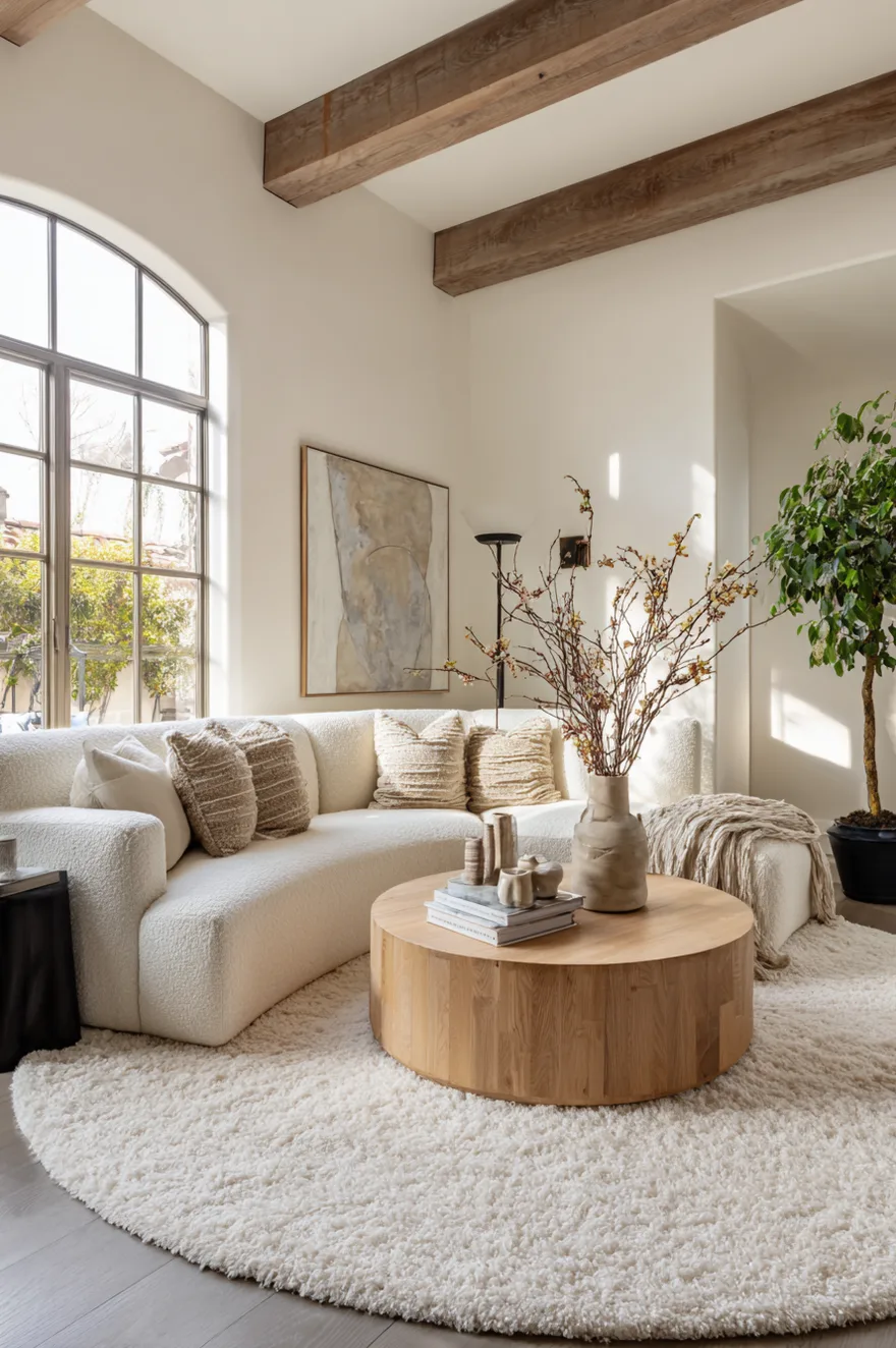 A living room featuring a curved white boucle sofa and a round wooden coffee table resting on a large fluffy round white carpet.