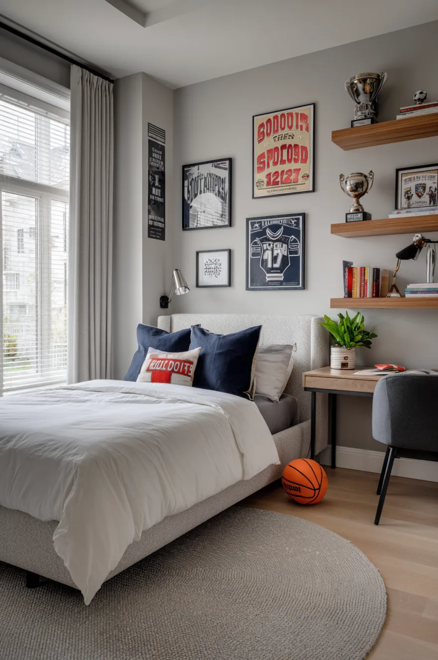 Boys bedroom with light grey walls, a grey upholstered bed with white bedding and a red Bulldogs accent pillow, a wood desk, floating shelves displaying trophies, and a gallery wall of framed vintage sports posters.