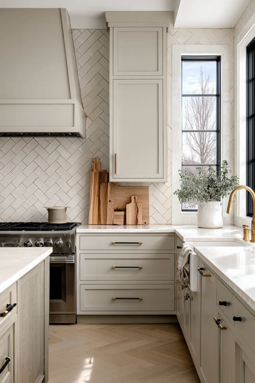 Taupe kitchen cabinets accented with brass pulls, a white tile backsplash laid in a horizontal herringbone pattern, and bright white countertops.