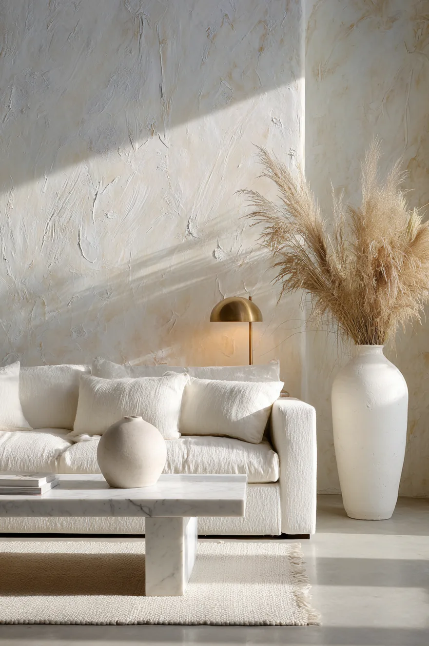 Modern living room featuring a textured venetian plaster wall behind a white boucle sofa.
