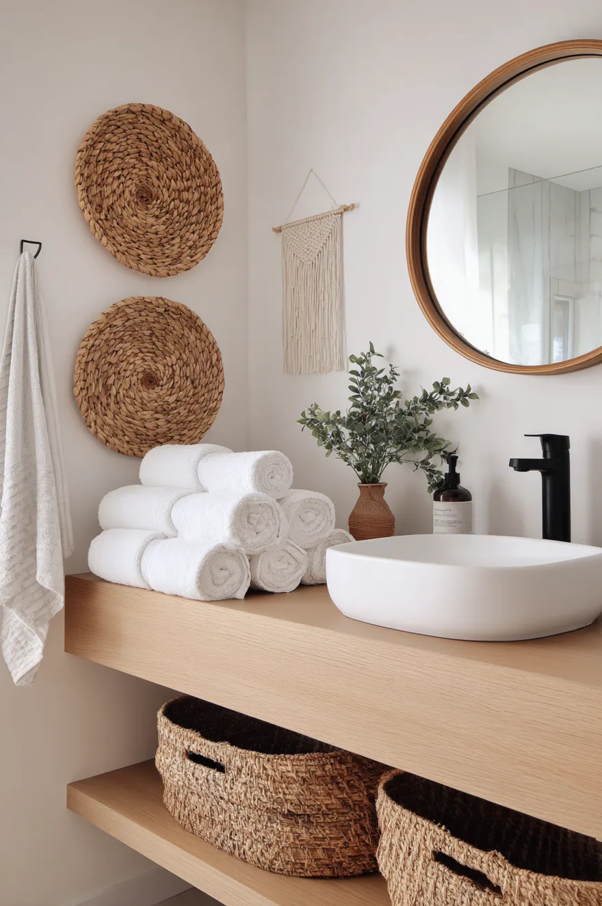 A light oak floating vanity holds a white vessel sink, a matte black faucet, and rolled white towels, decorated with flat woven wall baskets, a small macrame hanging, and eucalyptus.