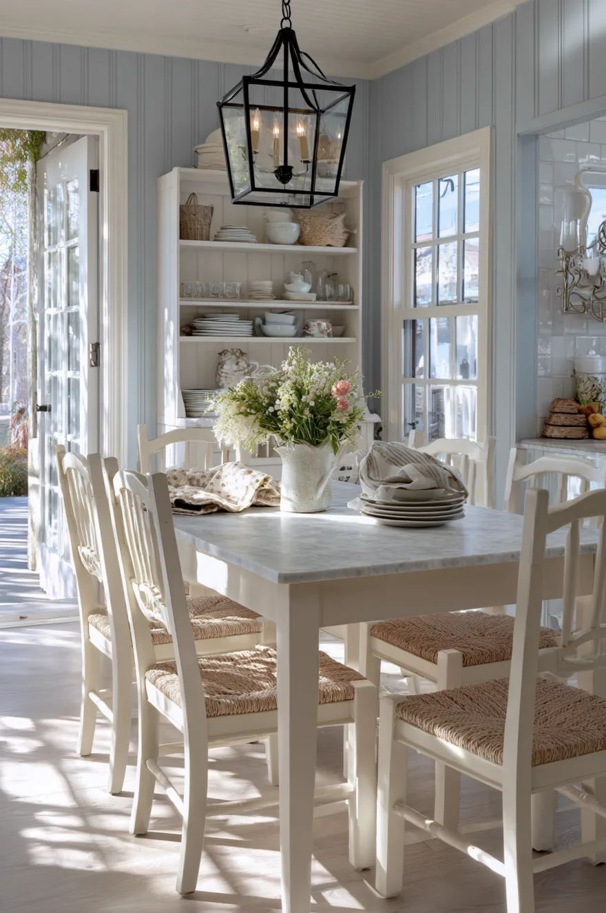 Off-white painted ladder-back farmhouse chairs with rush seats around a marble-look quartz table against soft blue beadboard walls with a black iron pendant.