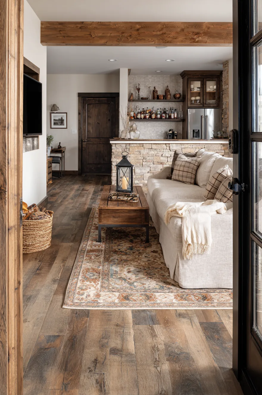 Rustic finished basement viewed through a doorway with wide-plank weathered oak vinyl flooring, layered vintage Persian rug, reclaimed wood media console, and linen sofa.