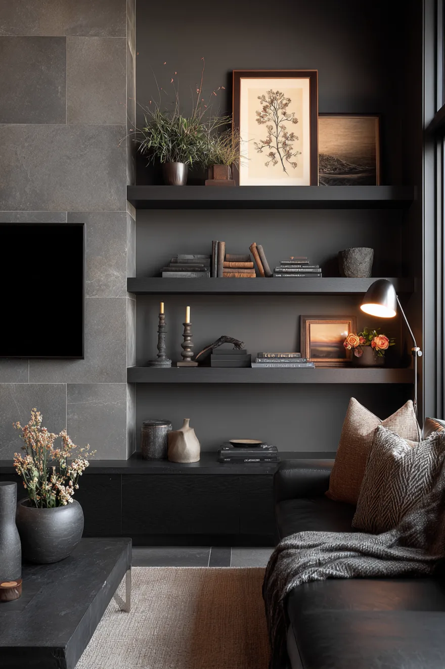 Asymmetrical matte charcoal floating shelves flanking a wall-mounted TV against a concrete-look tile backdrop with stacked books on one side and a botanical print and candle holder on the other.