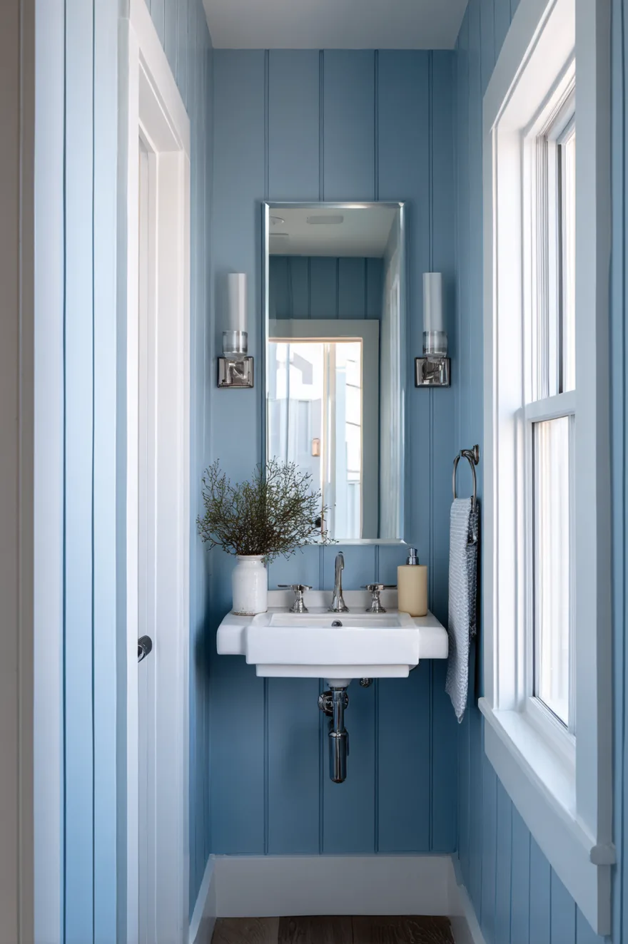 Narrow powder room with vertical shiplap painted soft stone blue, a tall slim mirror, petite wall-hung sink, and a small floating shelf with a candle and plant.