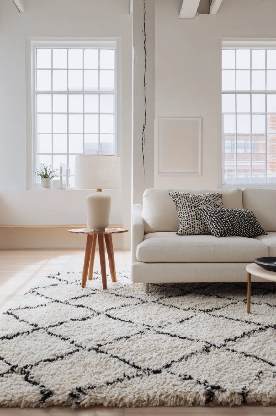 Minimalist living room anchored by a large Moroccan wool rug in cream and black geometric pattern, bare white walls with zero art, low cream linen sofa, and a small round wood side table.
