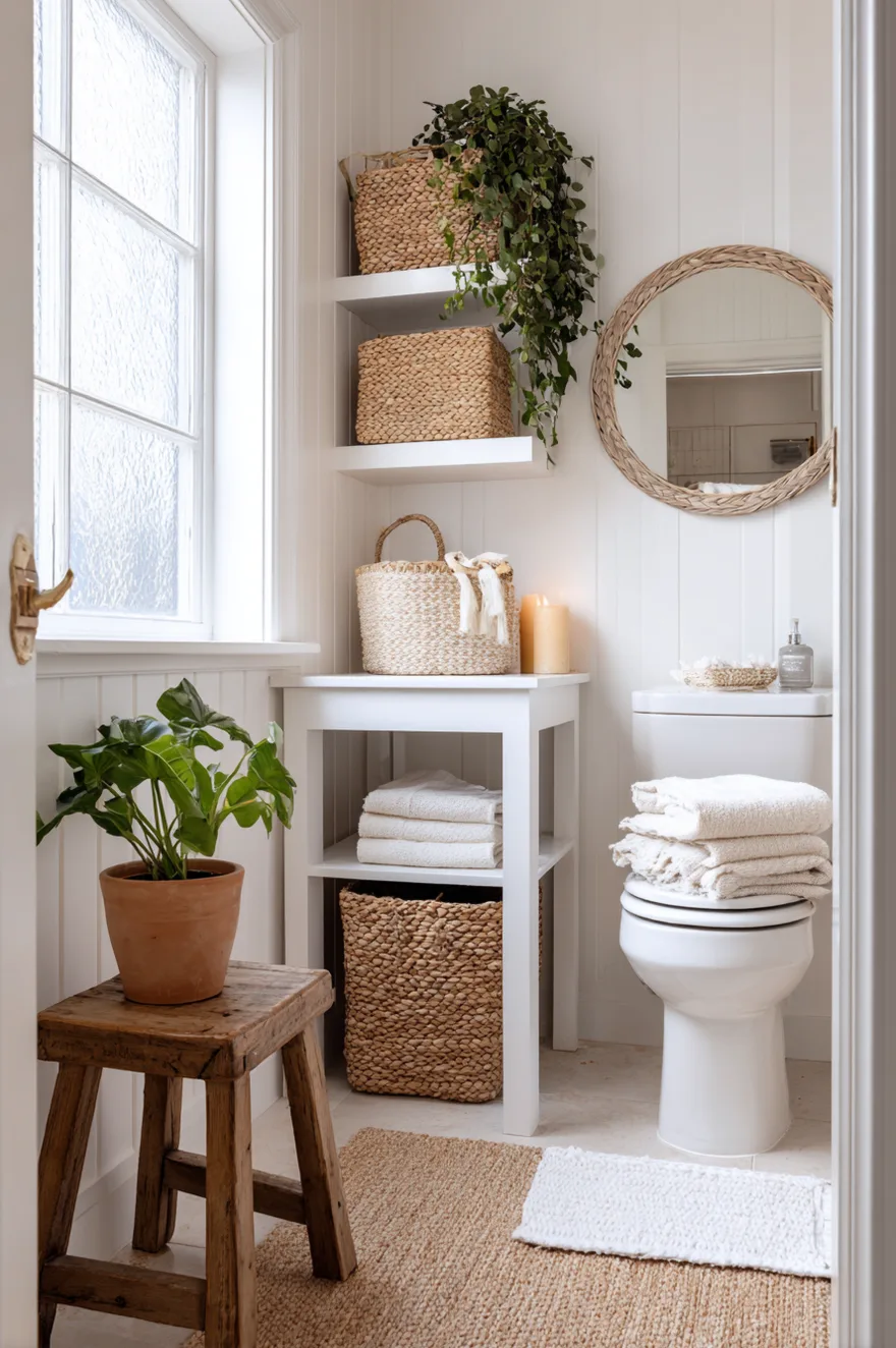 Open vanity with seagrass woven baskets tucked underneath and stacked in a cubby beside the toilet, white beadboard walls, a terracotta potted plant, and a cotton bath mat in a sunny farmhouse bathroom.