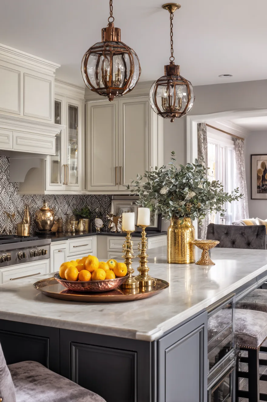 White marble countertop on a dark charcoal island holding a large round copper tray with a copper bowl of oranges, two tall shiny brass candlesticks with white candles, and a tall metallic gold vase filled with eucalyptus branches.