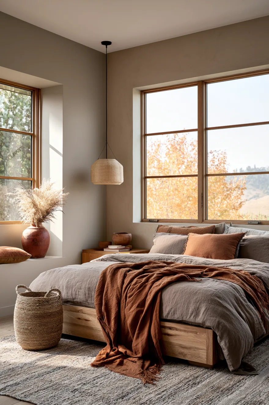 Warm earth-toned bedroom with a terracotta colored throw blanket, caramel linen sheets on a low oak bed, a woven seagrass basket on a gray rug, and a wide window showing autumn trees outside.