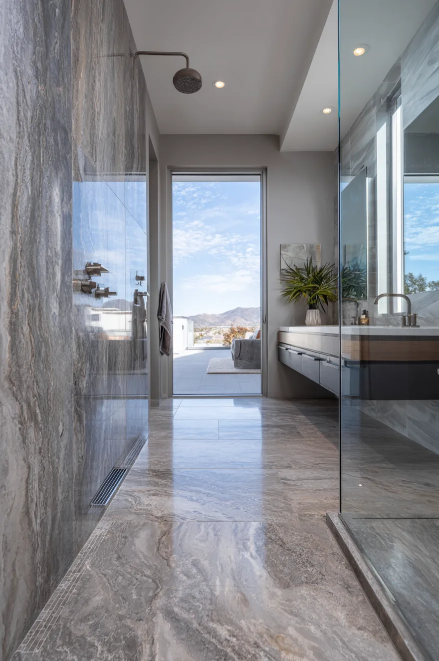 A luxurious bathroom featuring a frameless glass walk in shower lined with large format grey stone tiles and dark metal fixtures, offering a clear view to an outside balcony.
