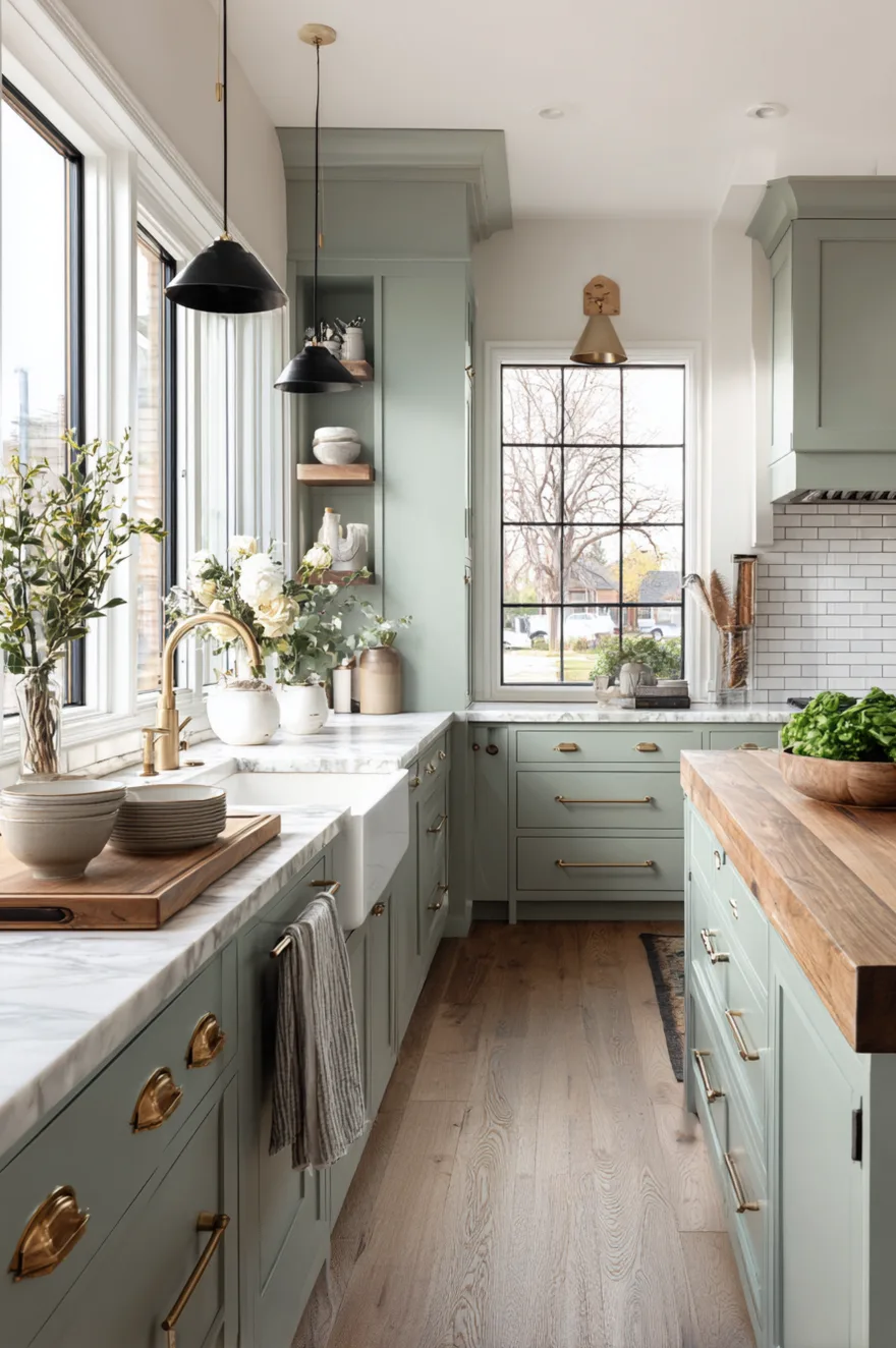 Muted sage green kitchen cabinets with brass hardware, surrounding a white apron-front sink and brass faucet, paired with white marble countertops, a wood butcher block island, and black dome pendant lights.