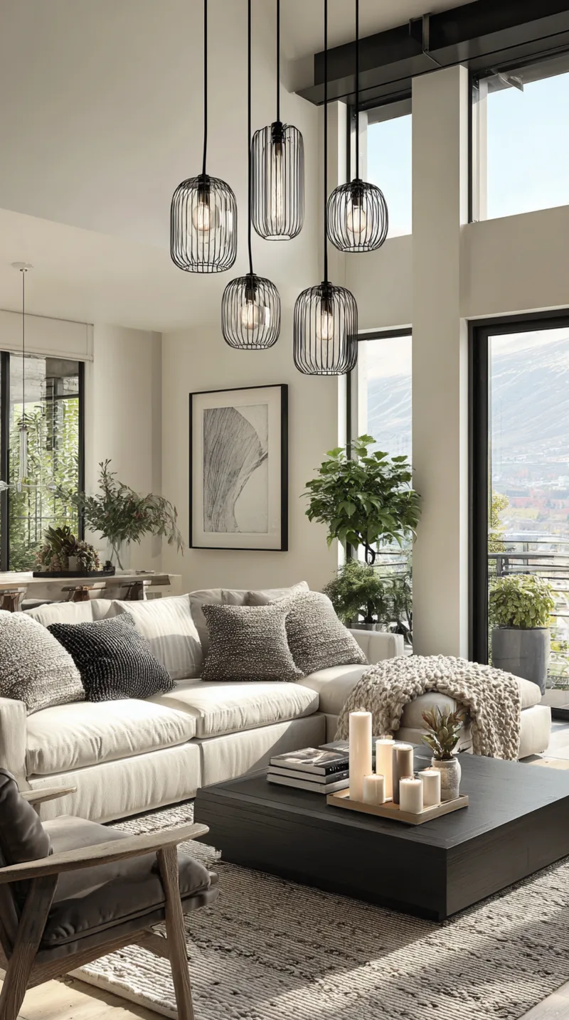 Cluster of glass hanging lamps at different heights in a living room corner, creating a dramatic lighting effect.