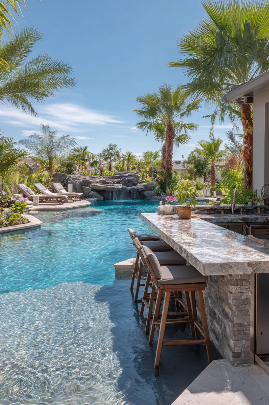 Luxury swim-up bar pool featuring stone facade underwater stools, marble waterfall countertops, a built-in stainless steel grill, and tropical palm tree landscaping.