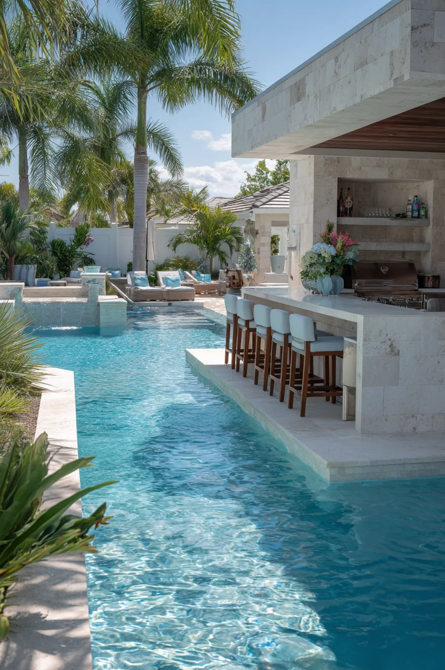 Modern luxury poolside kitchen with dark cabinets, sleek concrete counters, a full stainless steel grill station, comfortable woven bar stools, and warm Edison string lights overhead.