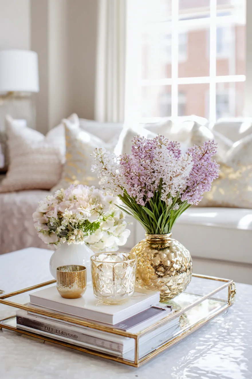 Gold candlesticks and a copper bowl filled with soft blue and peach spring blooms on a marble table.