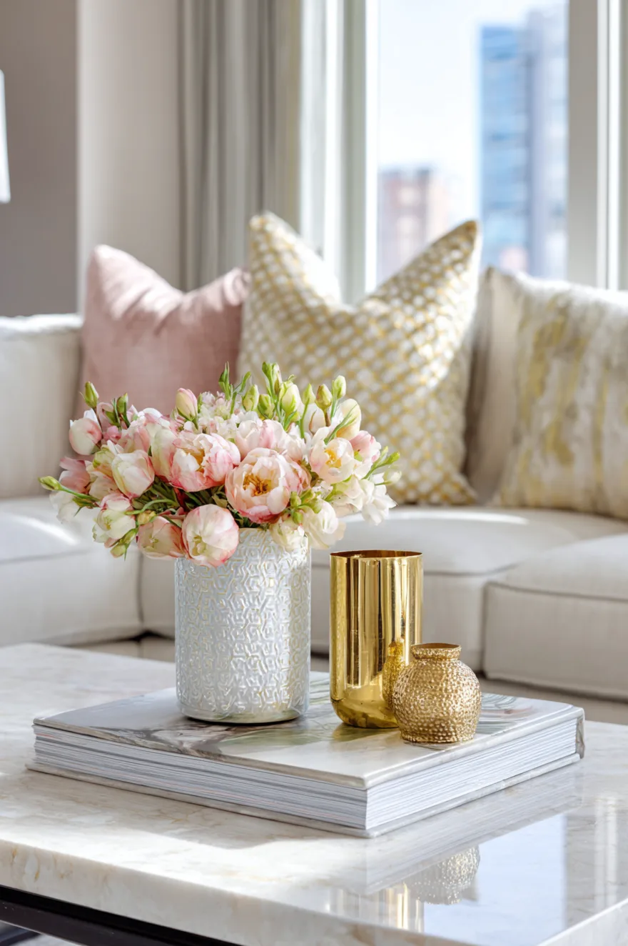 Brass geometric tray holding pastel pink taper candles and a small vase of lavender flowers.