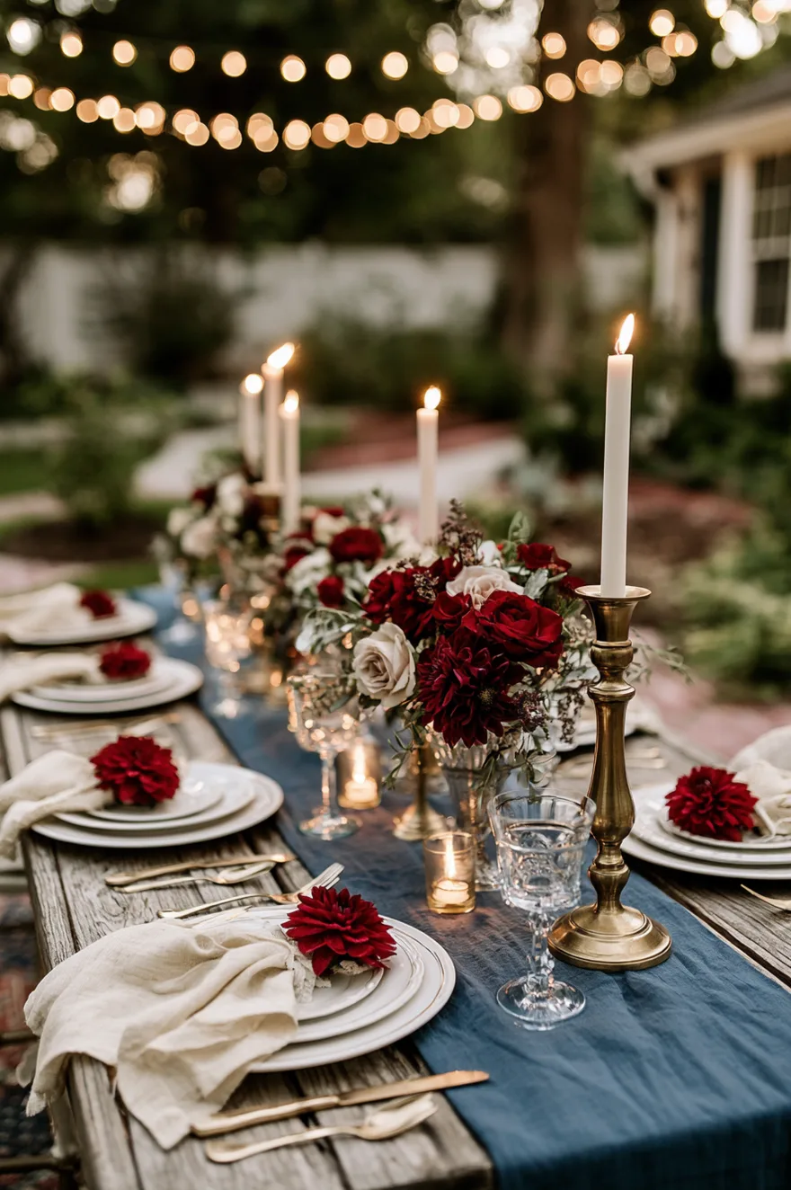 Soft blue linen tablecloth with white ceramic dishes, red dahlia flowers in a clear vase, and gold flatware on a sunlit wooden patio table.