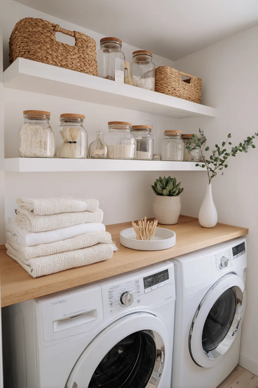 Organized laundry room shelves with matching glass jars for detergent and labeled woven baskets.