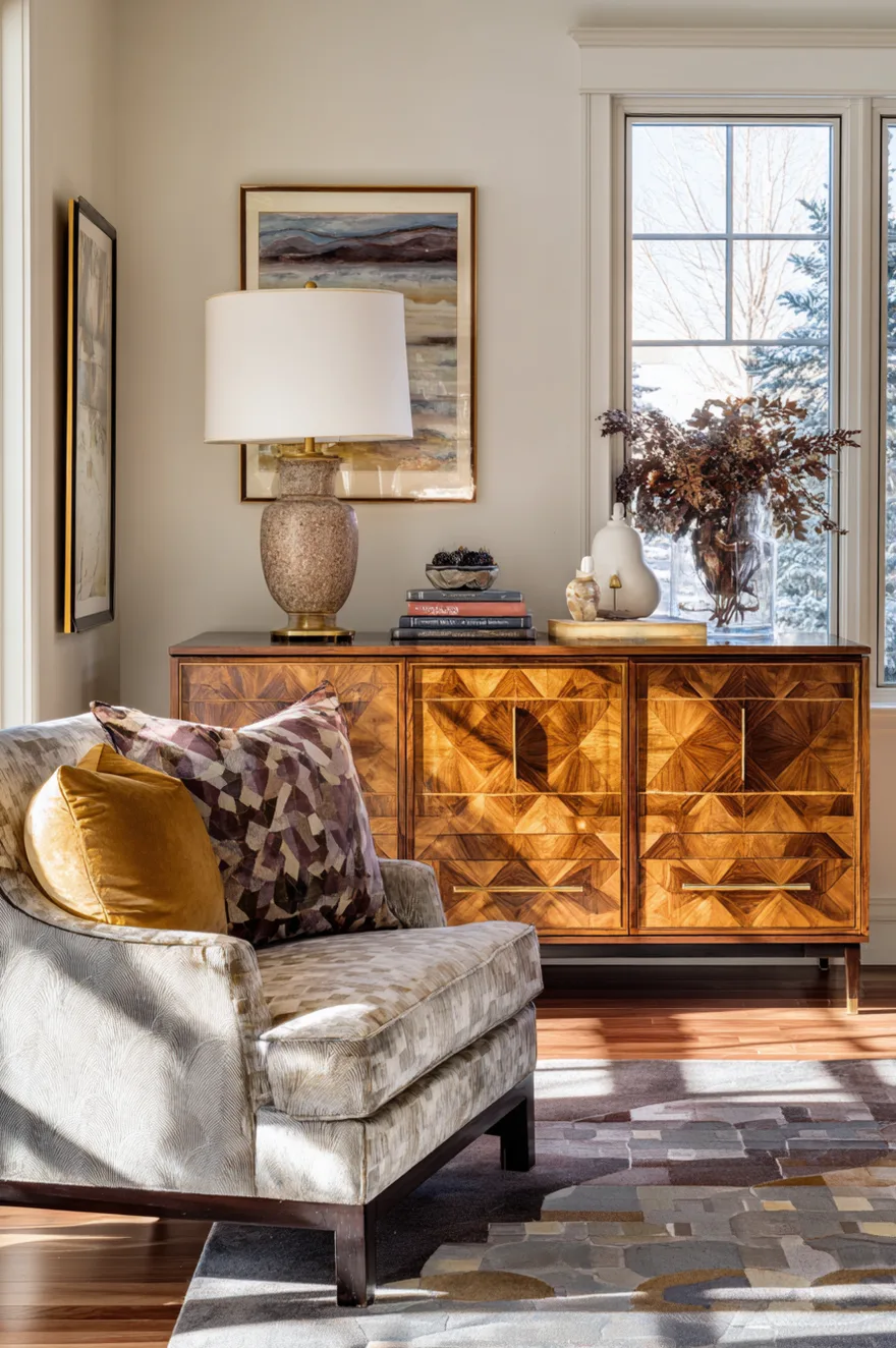Living room corner showing a natural wood credenza with geometric diamond inlay patterns and brass handles, a textured table lamp, and an accent chair with a gold velvet pillow.