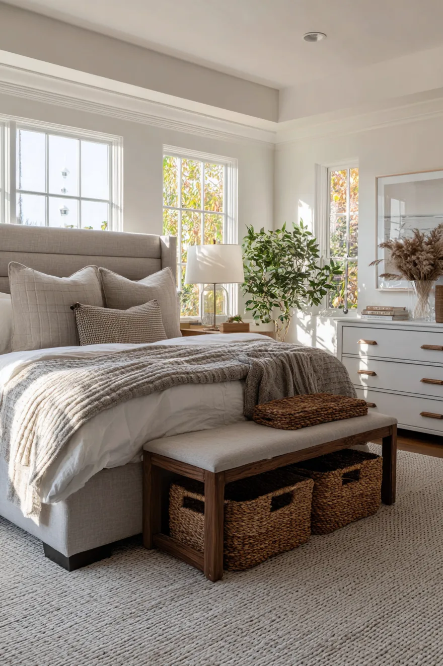 Smart bedroom ideas master storage with a storage bench at the foot of the bed and organized under-bed drawers.