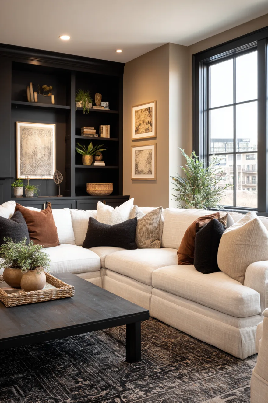 A striking living room design featuring a matte black accent wall behind a light beige sofa, paired with natural light and minimalistic decor.