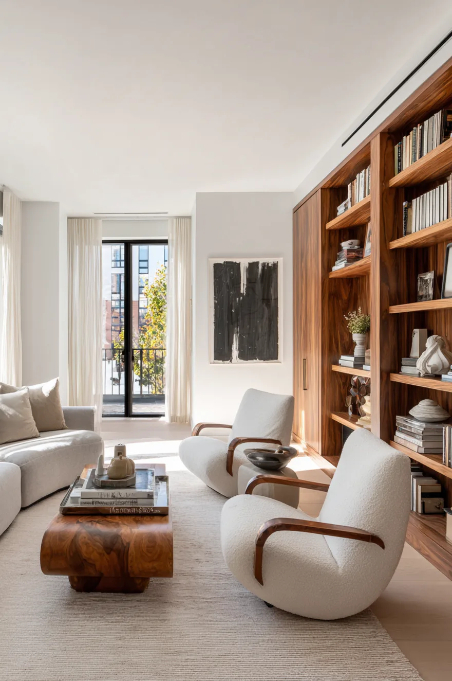 Floor-to-ceiling walnut wood built-in shelving filled with a curated mix of books, trailing houseplants, and mid-century ceramic vases.