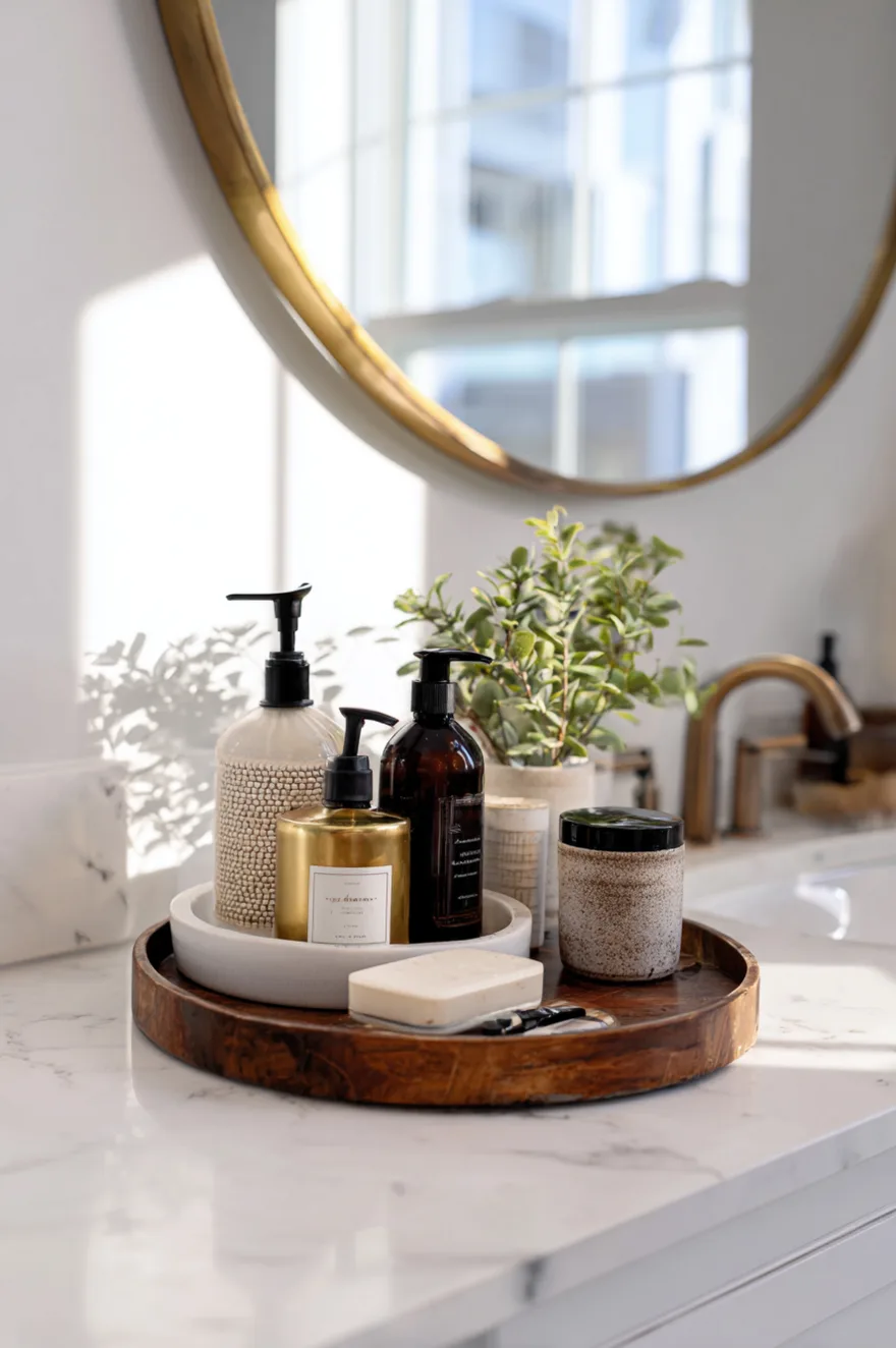 White marble tray on a bathroom counter grouping together a glass hand soap dispenser, a small lotion bottle, and a small lit candle.