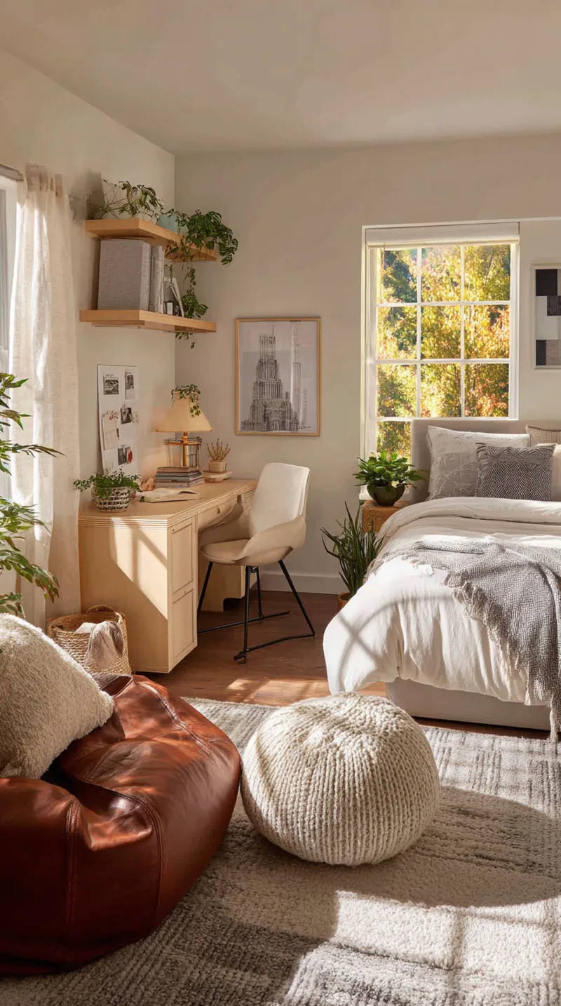 Spacious teen bedroom layout showing a distinct sleeping area, a separate study desk, and a corner reading chair.
