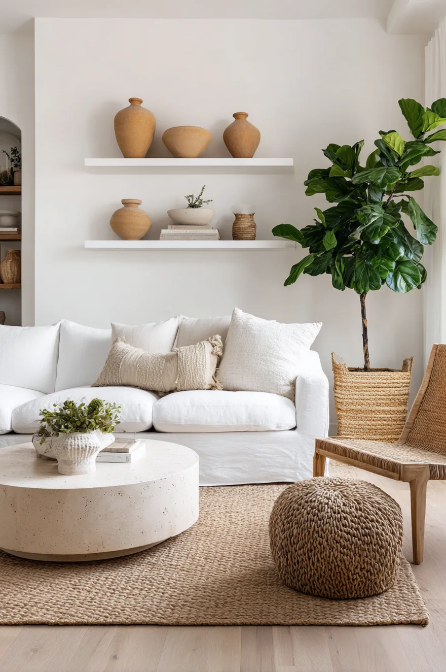 Living room styling showing a travertine stone coffee table and wooden accent chair in a white room.