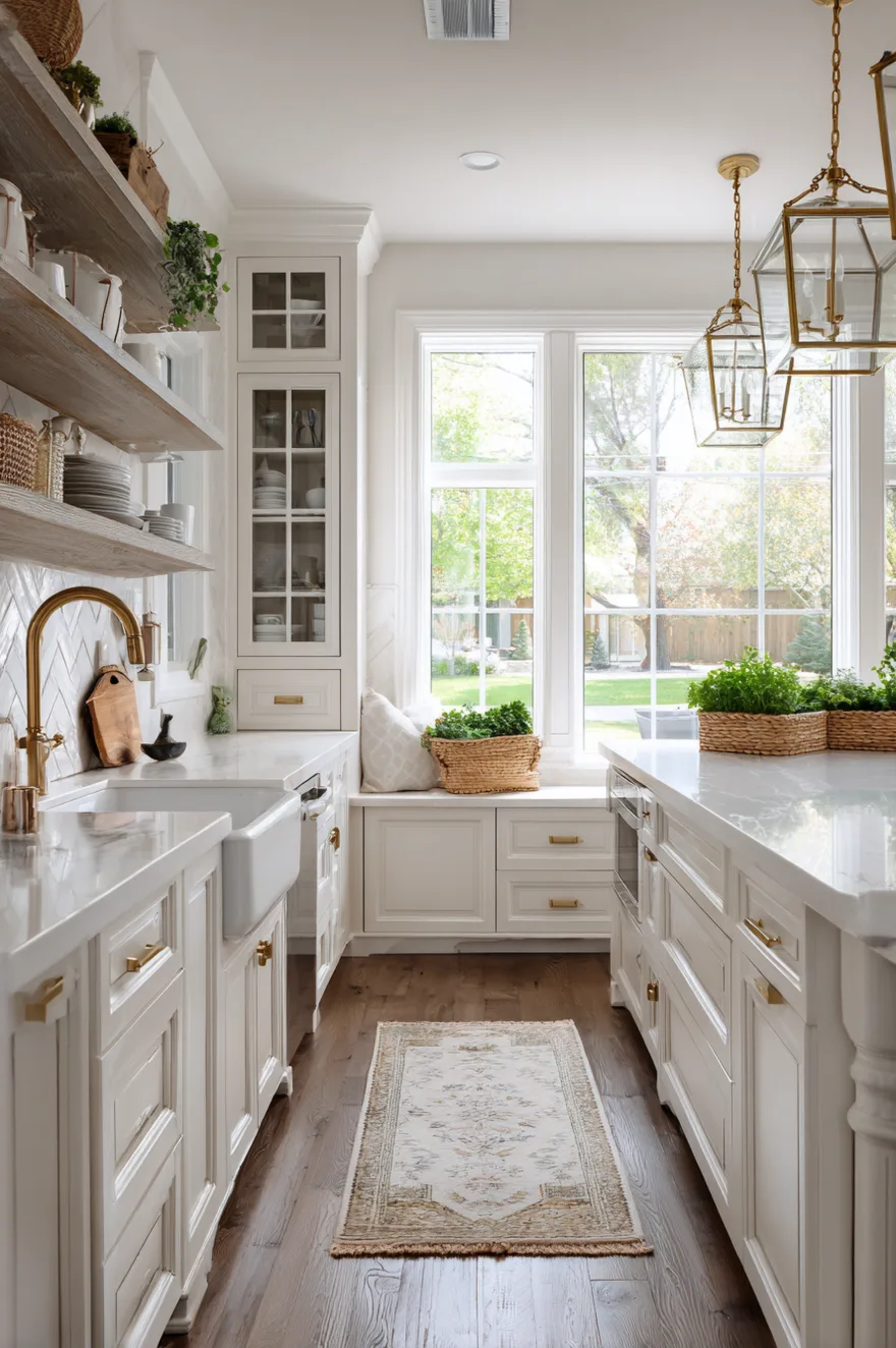 Classic farmhouse kitchen with white shaker cabinets, gold hardware, a white apron front sink with a gold bridge faucet, and open wood shelving next to a window seat.